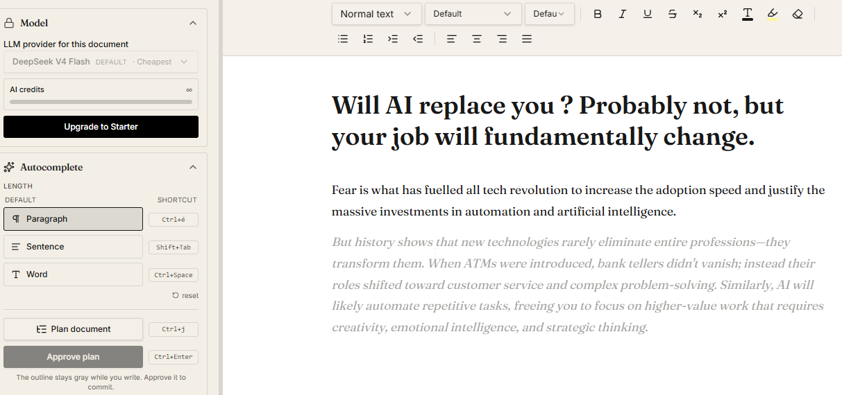 Levee editor showing ghost-text autocomplete in gray with a Tab to accept badge